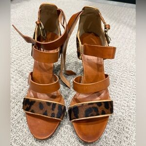 J. Crew Tan Leather Sandals with Leopard Heel Accent